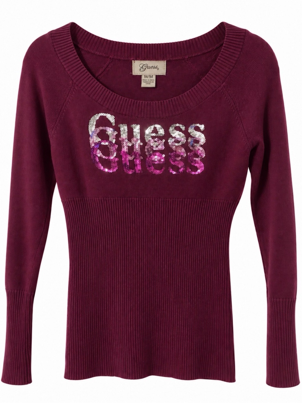 GUESS Plum Scoop Neck Sequin Logo Sweater